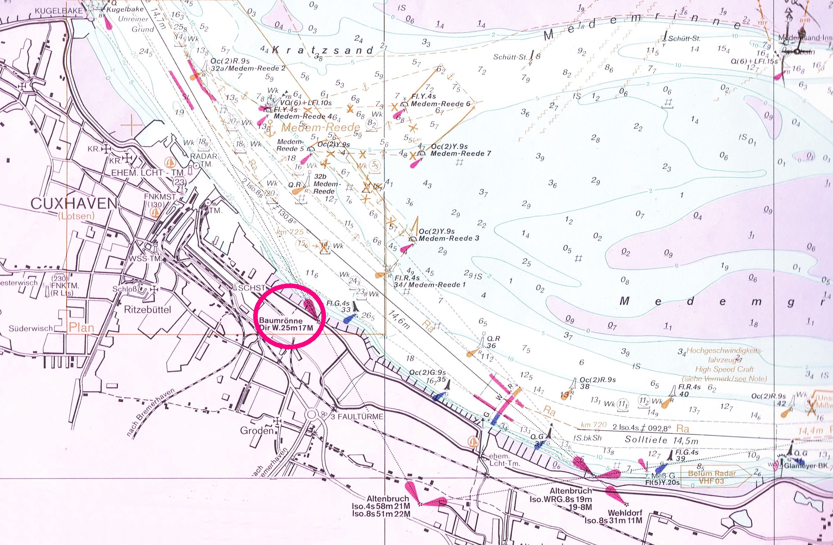 Lt Cuxhaven-Baumrönne auf Seekarte